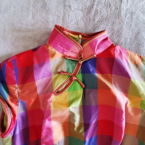 rainbow square gingham traditional Chinese retro bodycon Cheongsam Qipao dress - Picture 3 of 4